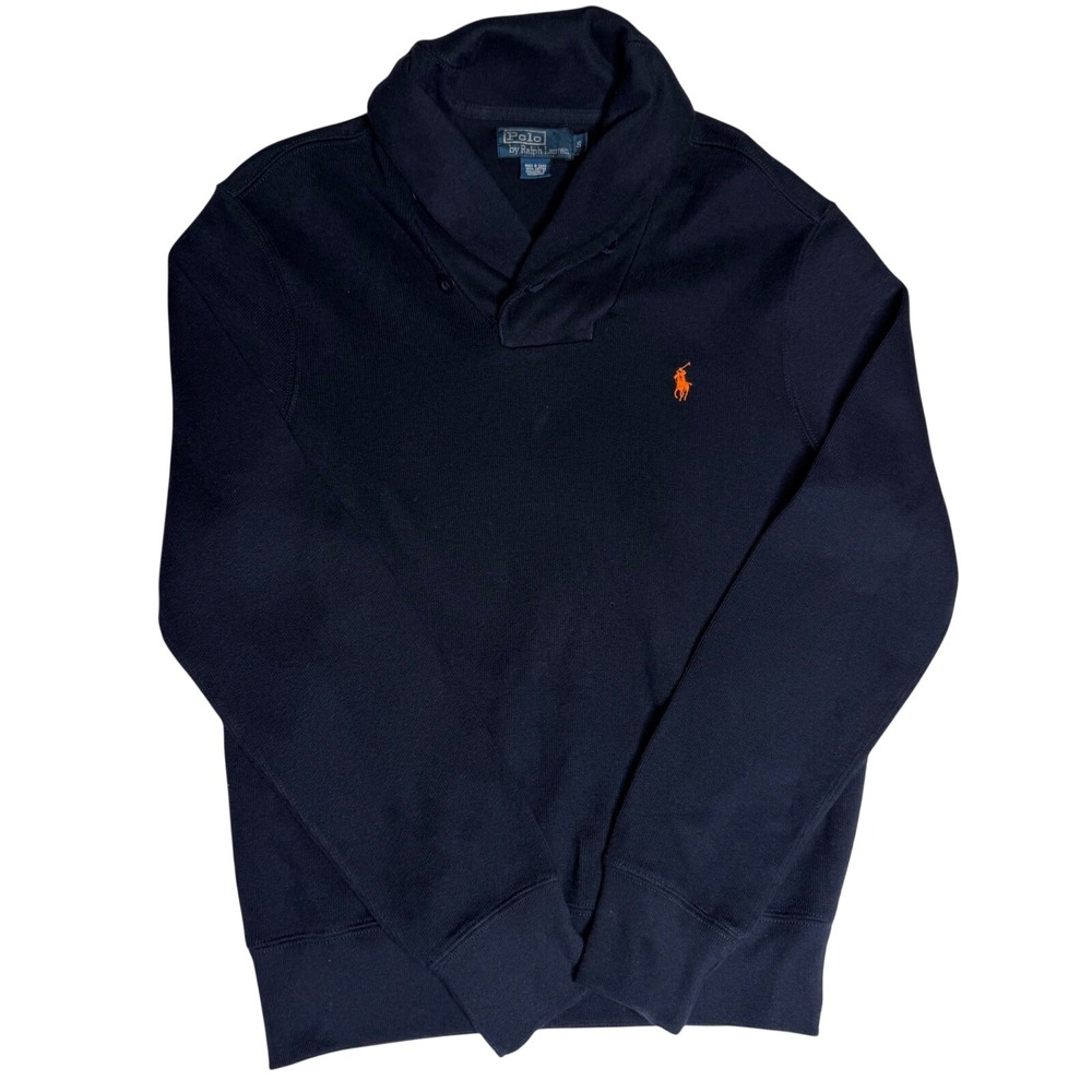 Polo Ralph Lauren Men Navy Shawl Collar Sweater Orange Pony Logo Size S
